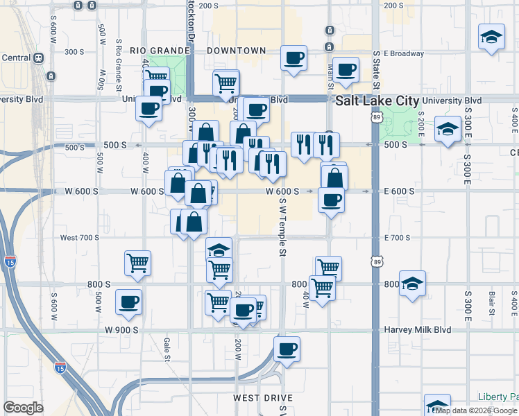 map of restaurants, bars, coffee shops, grocery stores, and more near 677 South 200 West in Salt Lake City