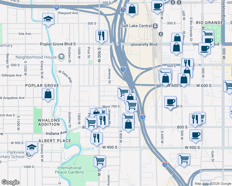 map of restaurants, bars, coffee shops, grocery stores, and more near 845 West Arapahoe Avenue in Salt Lake City