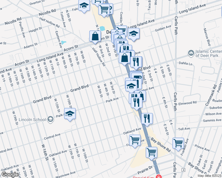 map of restaurants, bars, coffee shops, grocery stores, and more near 150w West 4th Street in Deer Park