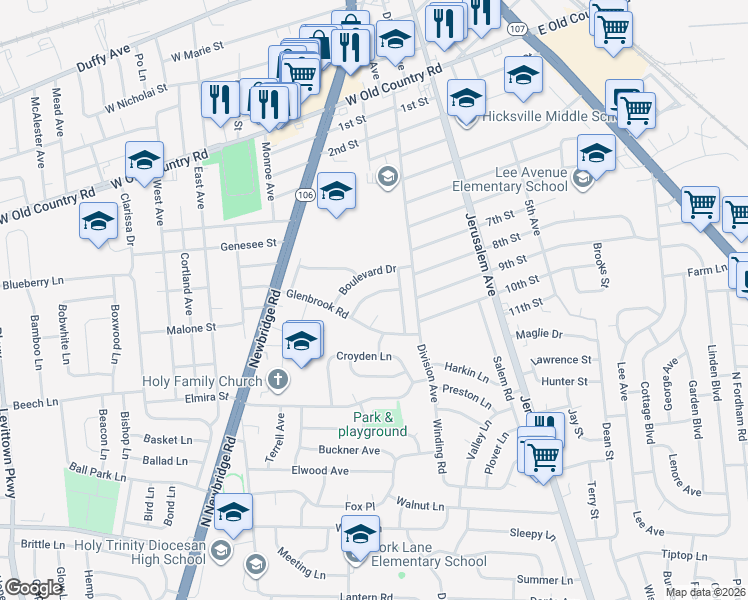 map of restaurants, bars, coffee shops, grocery stores, and more near 10 Mitchell Court in Hicksville