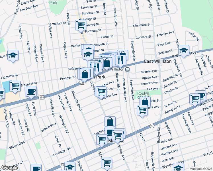 map of restaurants, bars, coffee shops, grocery stores, and more near 102 Custer Avenue in Williston Park