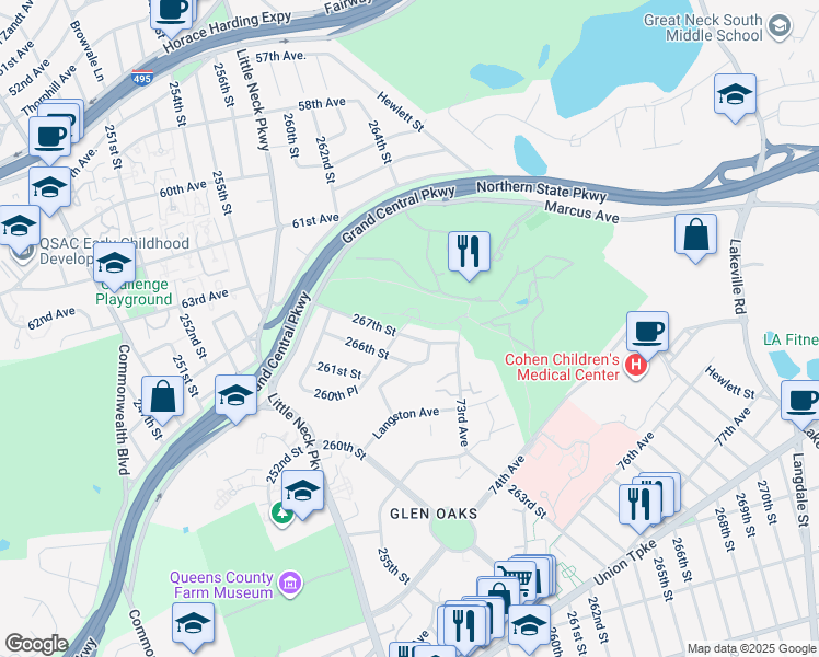 map of restaurants, bars, coffee shops, grocery stores, and more near 70-08 267th Street in Queens