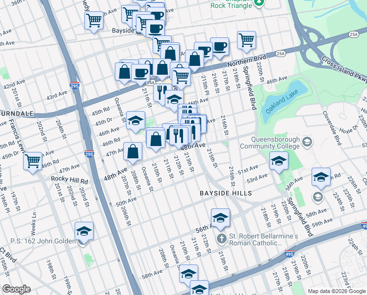 map of restaurants, bars, coffee shops, grocery stores, and more near 48-11 212th Street in Queens