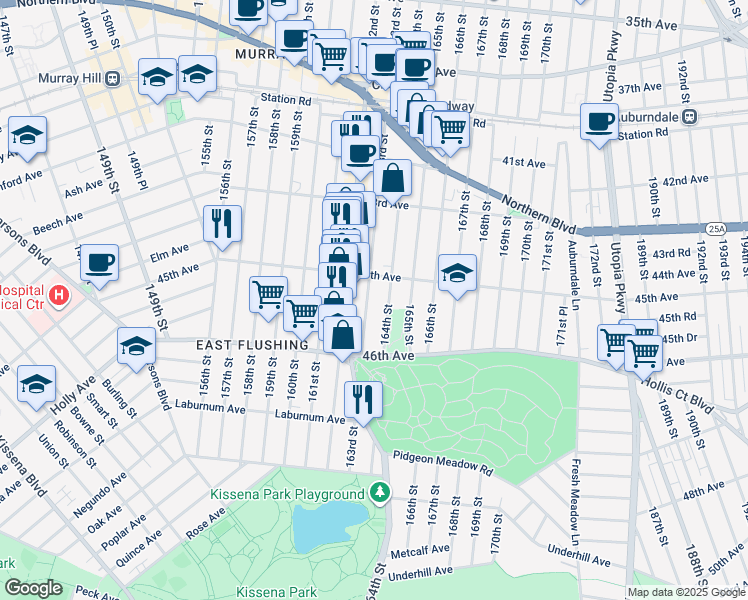 map of restaurants, bars, coffee shops, grocery stores, and more near 4548 164th Street in Queens