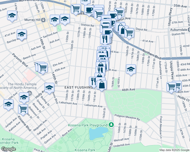 map of restaurants, bars, coffee shops, grocery stores, and more near 45-54 161 Street in Queens