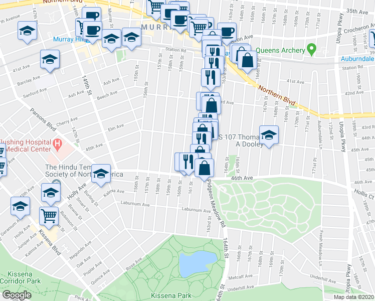 map of restaurants, bars, coffee shops, grocery stores, and more near 45-54 161 Street in Queens