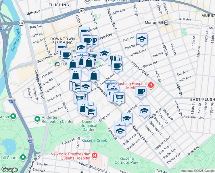 map of restaurants, bars, coffee shops, grocery stores, and more near 43-31 Kissena Boulevard in Queens