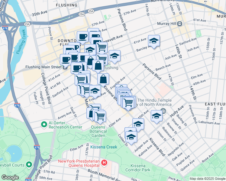 map of restaurants, bars, coffee shops, grocery stores, and more near 43-31 Kissena Boulevard in Queens