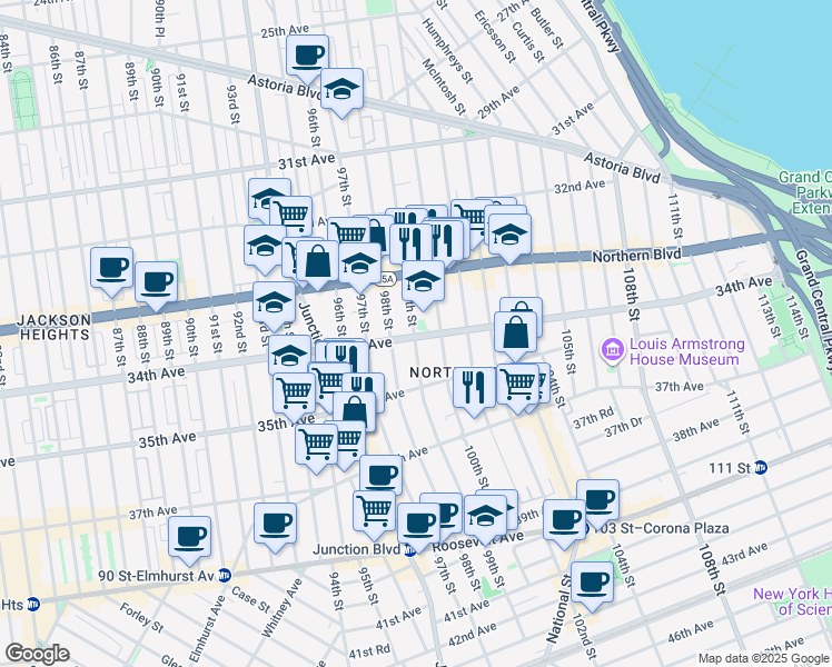 map of restaurants, bars, coffee shops, grocery stores, and more near in Queens