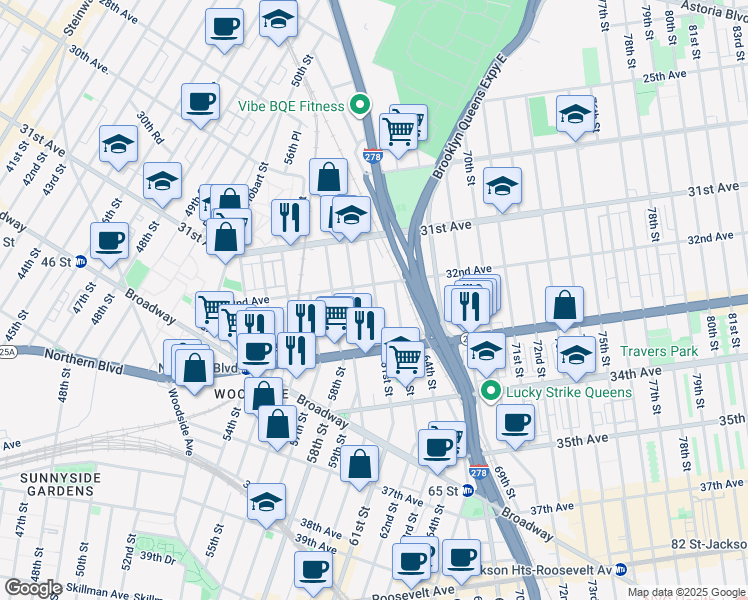 map of restaurants, bars, coffee shops, grocery stores, and more near 32-33 60th Street in Queens