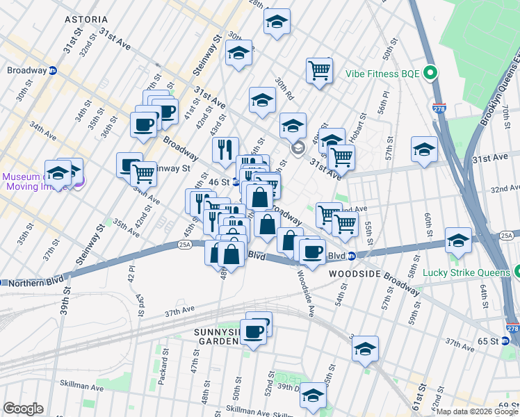 map of restaurants, bars, coffee shops, grocery stores, and more near 32-32 49th Street in Queens