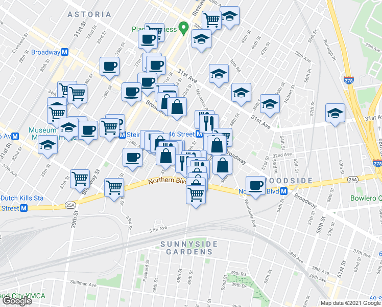 map of restaurants, bars, coffee shops, grocery stores, and more near 32-69 46th Street in Queens