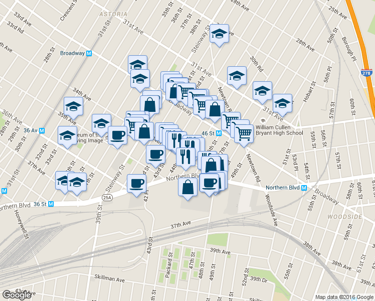 map of restaurants, bars, coffee shops, grocery stores, and more near 32-86 45th Street in Queens