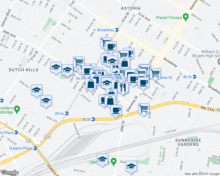 map of restaurants, bars, coffee shops, grocery stores, and more near in Queens