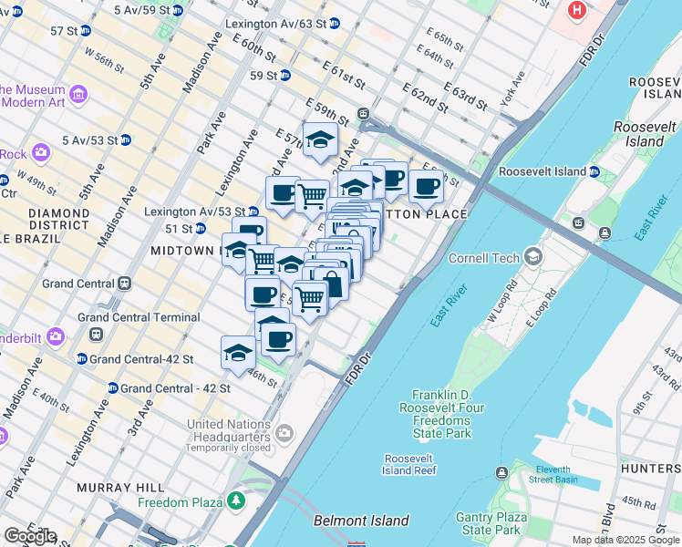 map of restaurants, bars, coffee shops, grocery stores, and more near 941 1st Avenue in New York