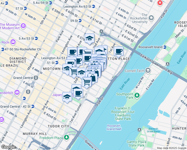 map of restaurants, bars, coffee shops, grocery stores, and more near 941 1st Avenue in New York