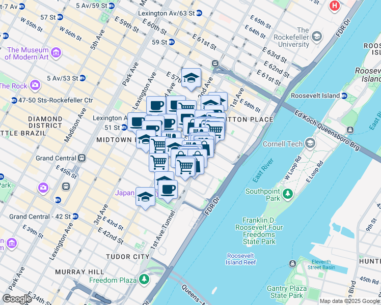 map of restaurants, bars, coffee shops, grocery stores, and more near 335 East 51st Street in New York