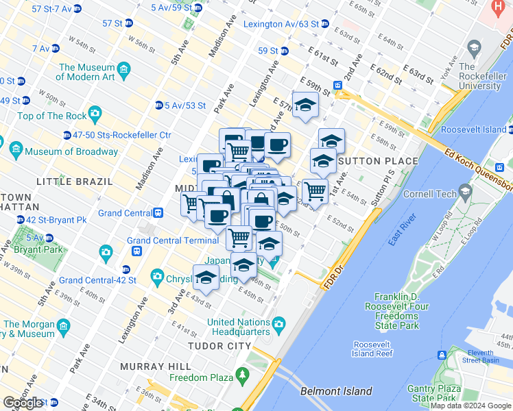 map of restaurants, bars, coffee shops, grocery stores, and more near 234 East 50th Street in New York