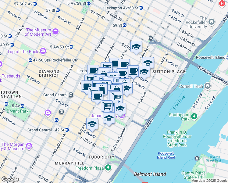 map of restaurants, bars, coffee shops, grocery stores, and more near 234 East 50th Street in New York