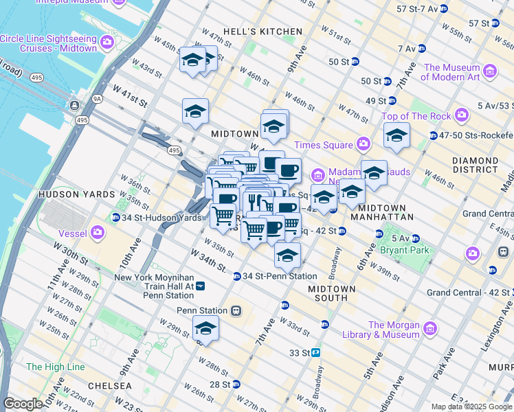 map of restaurants, bars, coffee shops, grocery stores, and more near 325 West 38th Street in New York