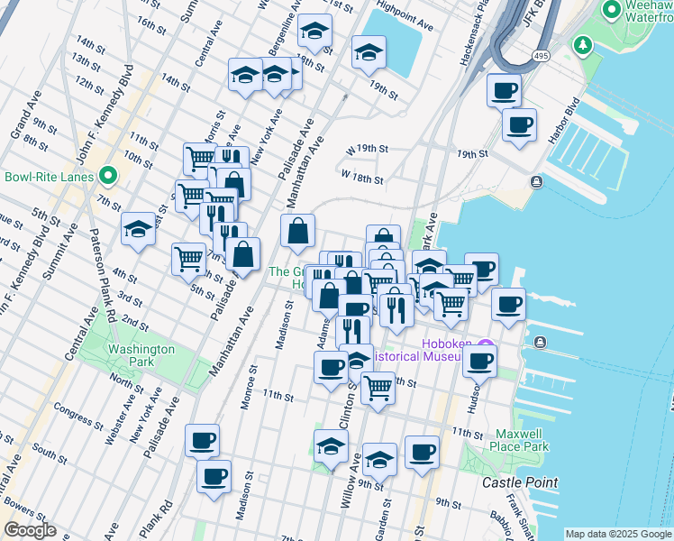 map of restaurants, bars, coffee shops, grocery stores, and more near 1412 Adams Street in Hoboken