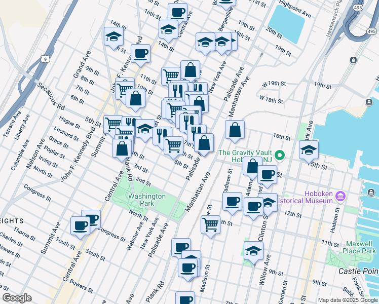 map of restaurants, bars, coffee shops, grocery stores, and more near 508 New York Avenue in Union City