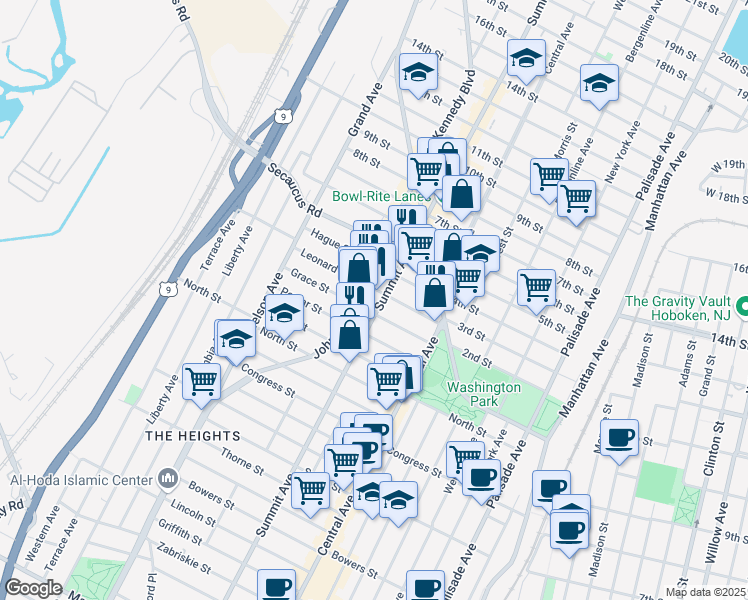 map of restaurants, bars, coffee shops, grocery stores, and more near in Jersey City