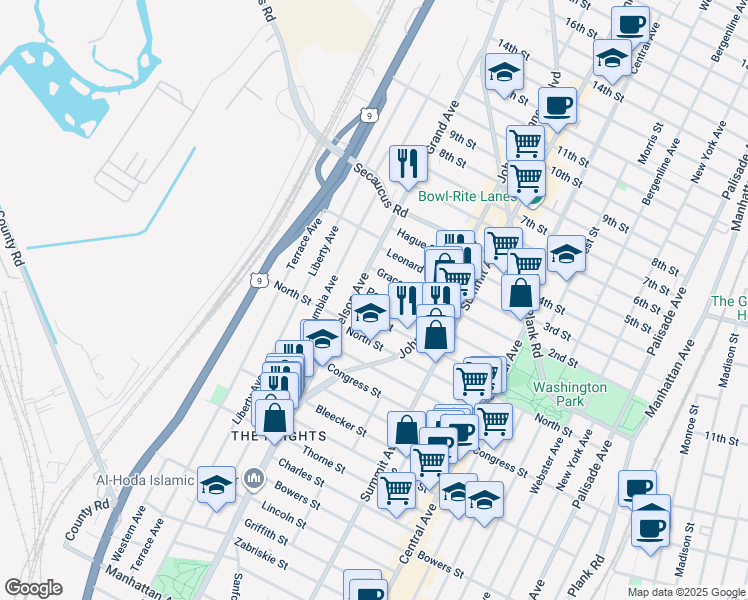 map of restaurants, bars, coffee shops, grocery stores, and more near 139-141 Poplar Street in Jersey City