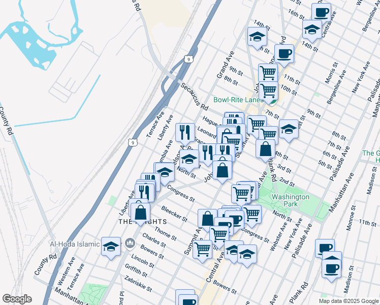 map of restaurants, bars, coffee shops, grocery stores, and more near 139-141 Poplar Street in Jersey City