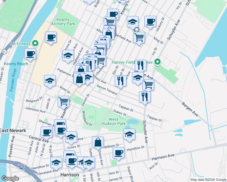 map of restaurants, bars, coffee shops, grocery stores, and more near 47 Davis Avenue in Kearny