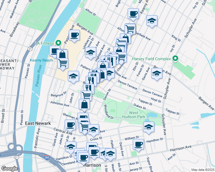 map of restaurants, bars, coffee shops, grocery stores, and more near 83 Devon Street in Kearny