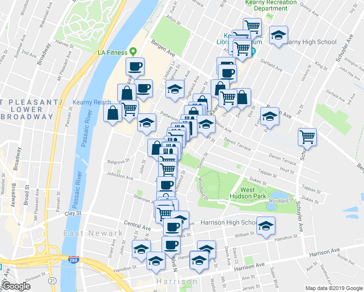 map of restaurants, bars, coffee shops, grocery stores, and more near 88 Kearny Avenue in Kearny