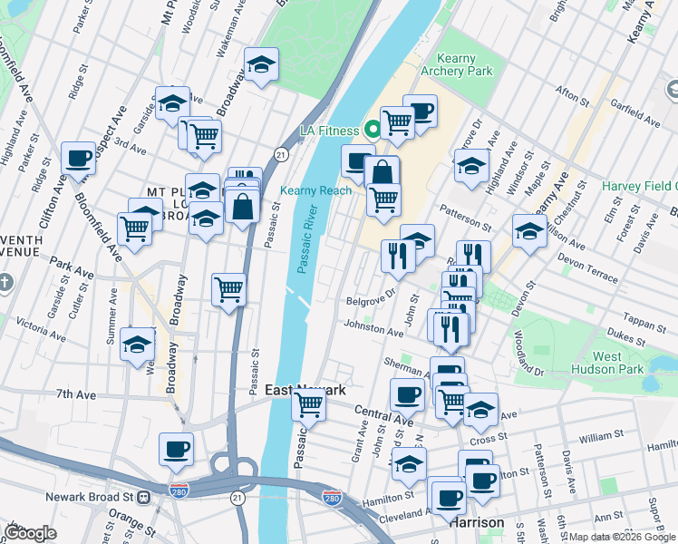 map of restaurants, bars, coffee shops, grocery stores, and more near 33-55 Passaic Ave in Kearny