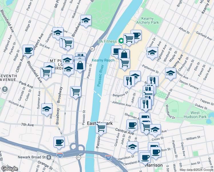 map of restaurants, bars, coffee shops, grocery stores, and more near 33-55 Passaic Ave in Kearny