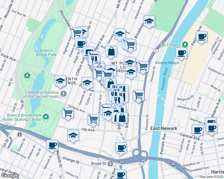 map of restaurants, bars, coffee shops, grocery stores, and more near 45 Bloomfield Avenue in Newark