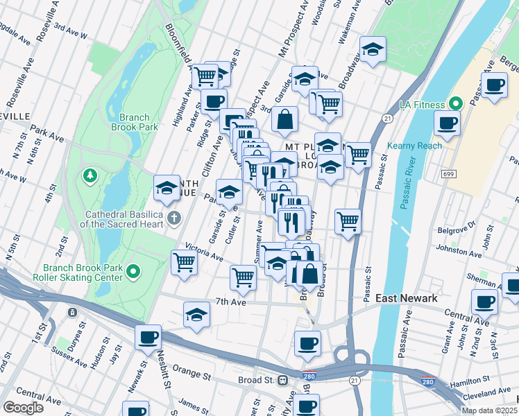 map of restaurants, bars, coffee shops, grocery stores, and more near 118 Summer Avenue in Newark
