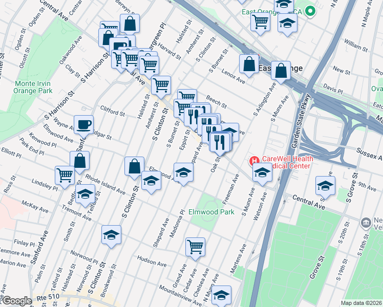 map of restaurants, bars, coffee shops, grocery stores, and more near 127 Shepard Avenue in East Orange