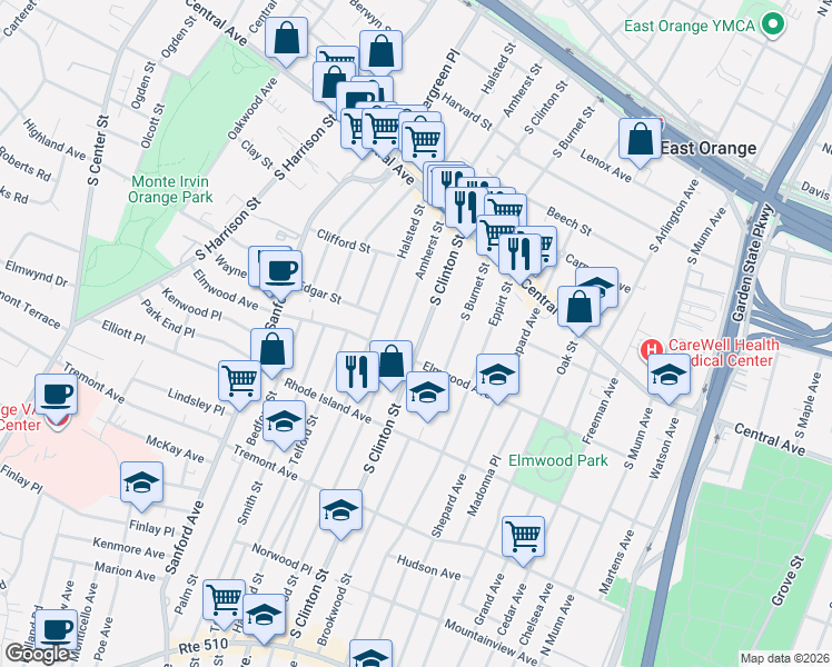 map of restaurants, bars, coffee shops, grocery stores, and more near 218 Elmwood Avenue in East Orange