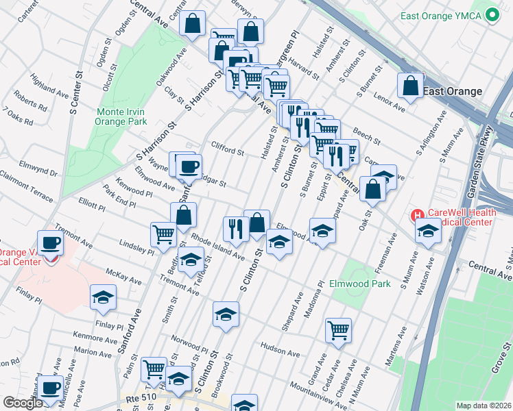 map of restaurants, bars, coffee shops, grocery stores, and more near 218 Elmwood Avenue in East Orange