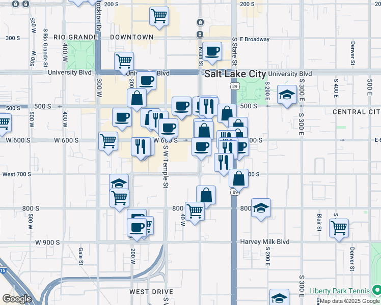 map of restaurants, bars, coffee shops, grocery stores, and more near 650 South Main Street in Salt Lake City