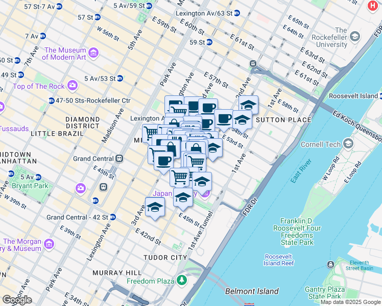 map of restaurants, bars, coffee shops, grocery stores, and more near 231 East 50th Street in New York