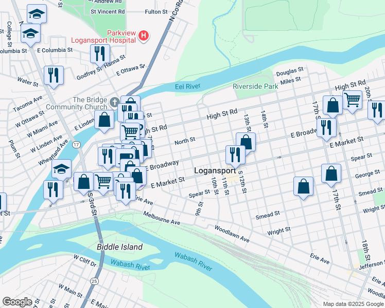 map of restaurants, bars, coffee shops, grocery stores, and more near 900 East Broadway in Logansport