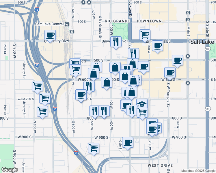 map of restaurants, bars, coffee shops, grocery stores, and more near 634 South 400 West in Salt Lake City