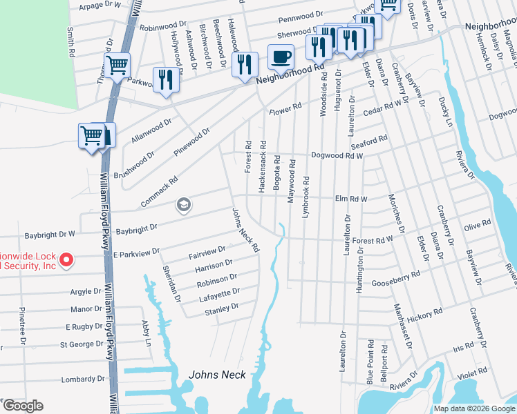 map of restaurants, bars, coffee shops, grocery stores, and more near 4 Hackensack Road in Mastic Beach