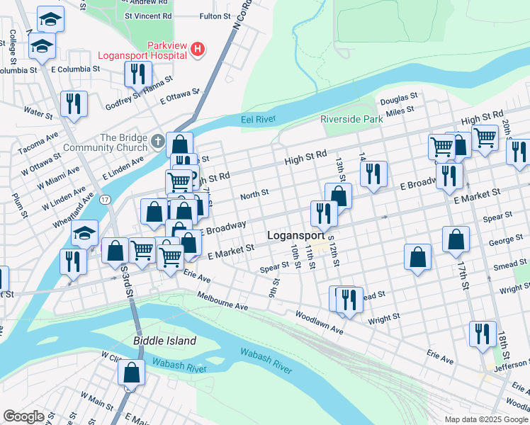 map of restaurants, bars, coffee shops, grocery stores, and more near 900 East Broadway in Logansport