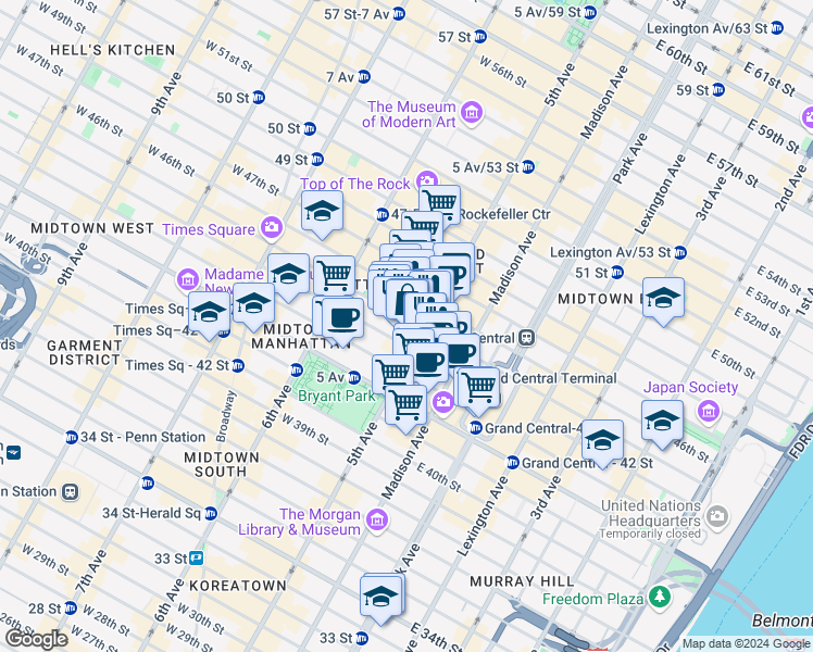 map of restaurants, bars, coffee shops, grocery stores, and more near 2 West 45th Street in New York