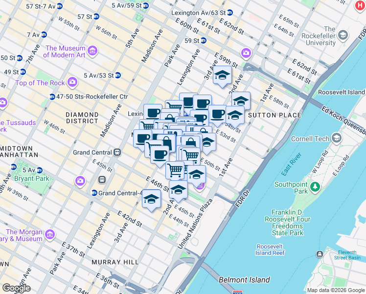 map of restaurants, bars, coffee shops, grocery stores, and more near 223 East 50th Street in New York
