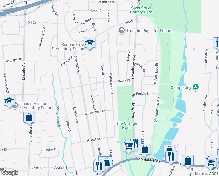 map of restaurants, bars, coffee shops, grocery stores, and more near 227 Lowell Road in Sayville