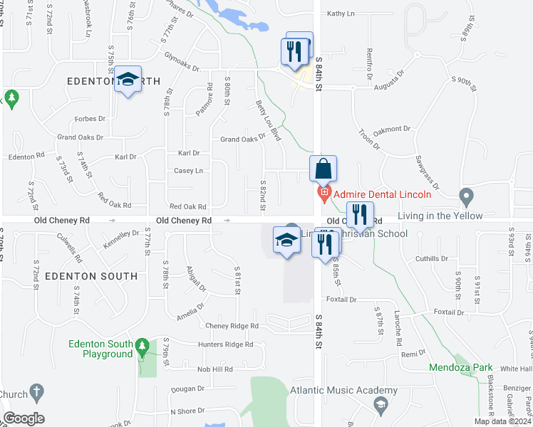 map of restaurants, bars, coffee shops, grocery stores, and more near 8710 South 82nd Street in Lincoln