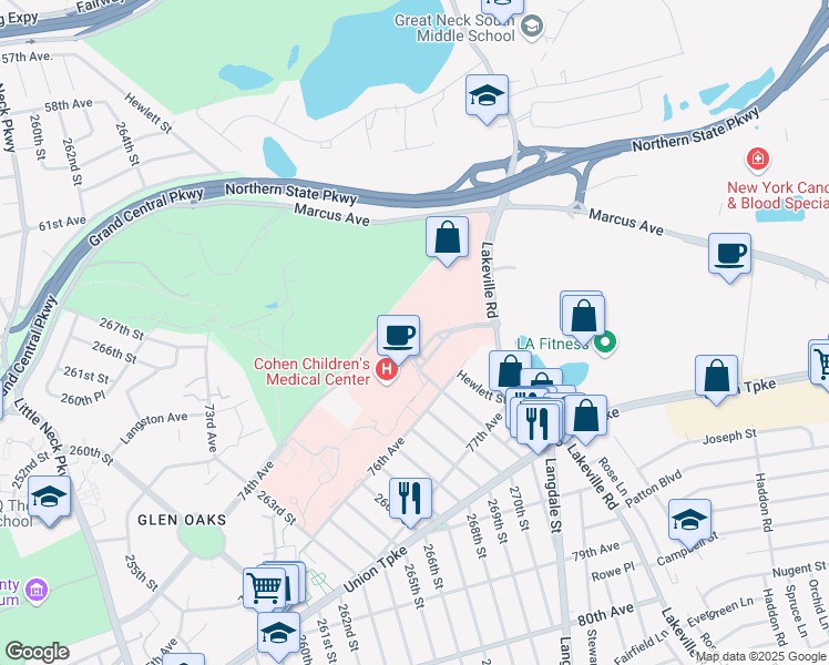 map of restaurants, bars, coffee shops, grocery stores, and more near 271-11 76th Avenue in Queens
